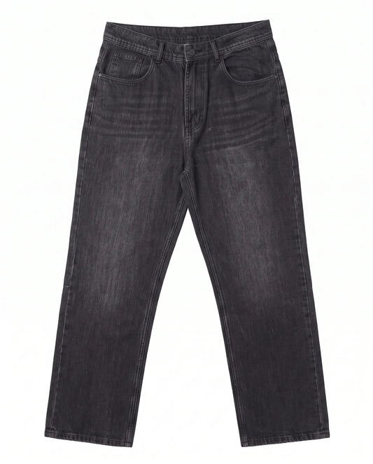 Men's dark grey wide-leg jeans with fixed waist and button closure by TREE   