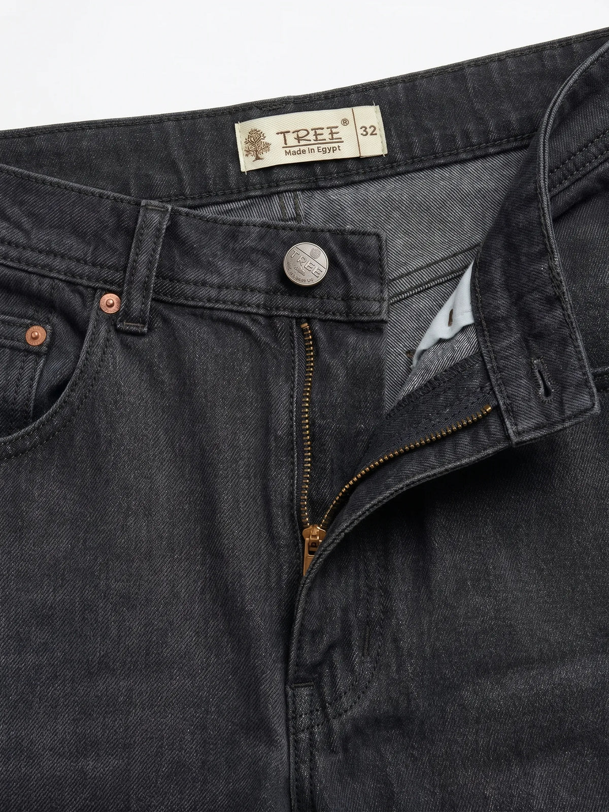 Men's dark grey wide-leg jeans with fixed waist and button closure by TREE   