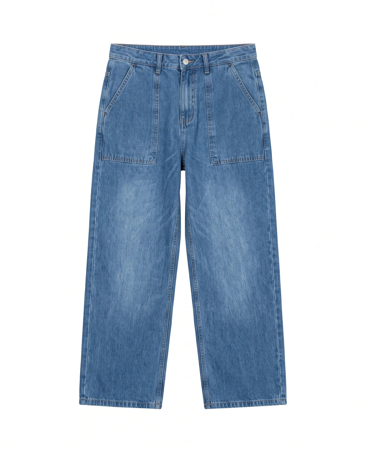 Men's blue wide-leg jeans with front patch pockets and fixed waist by TREE   