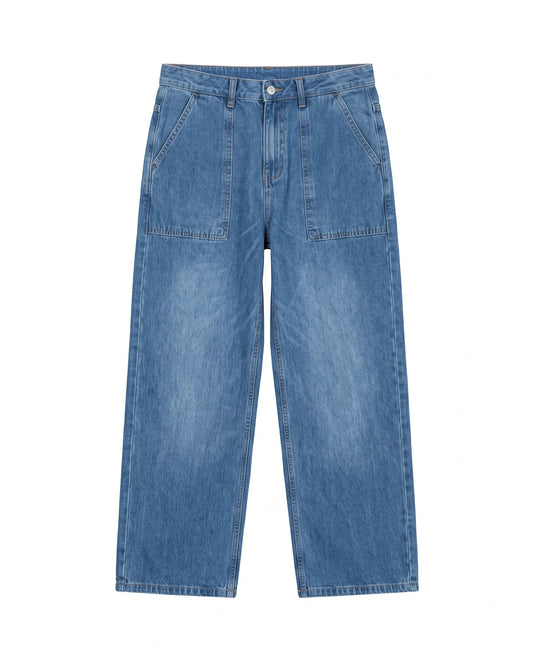 Men's blue wide-leg jeans with front patch pockets and fixed waist by TREE   