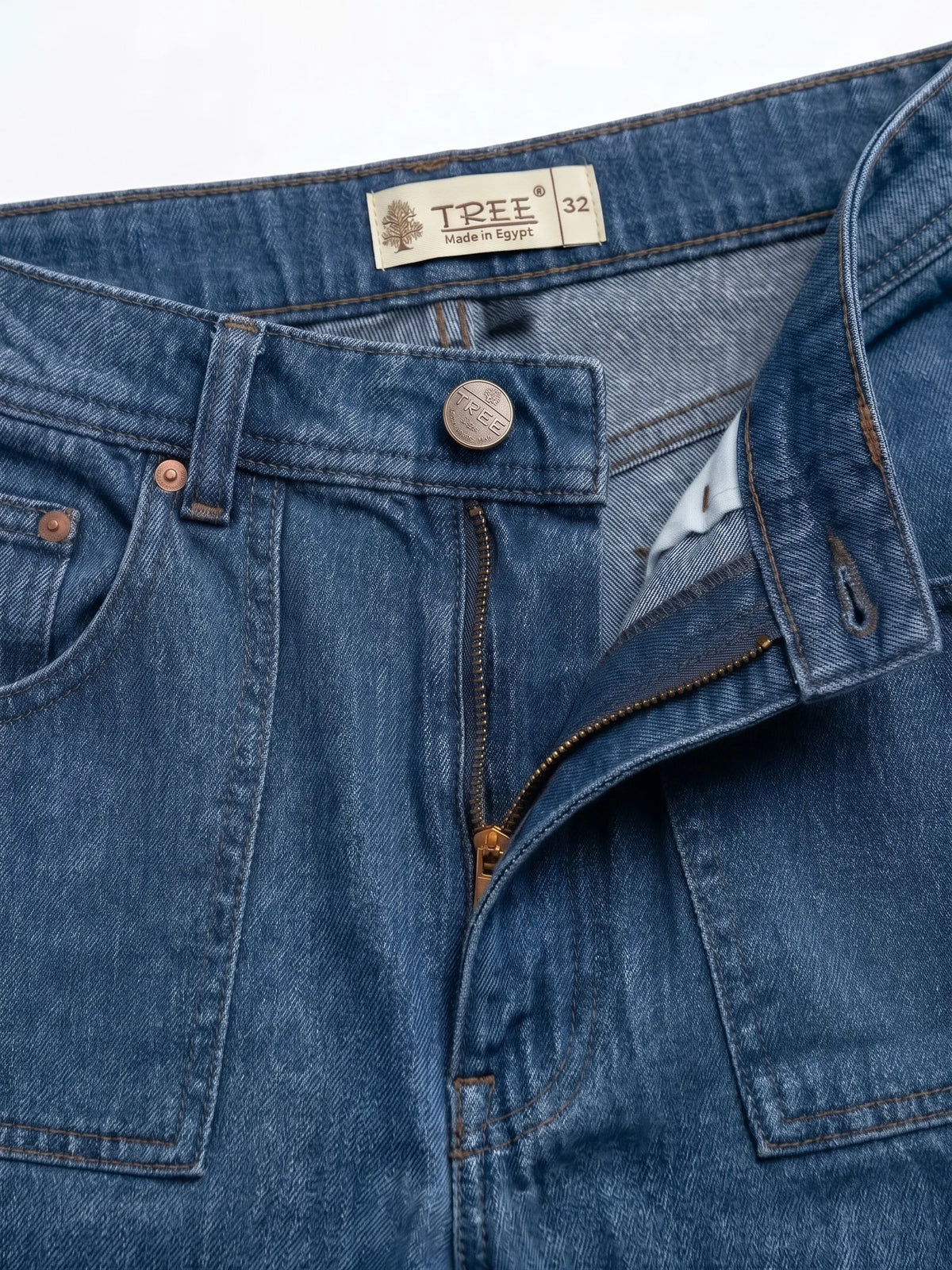 Men's blue wide-leg jeans with front patch pockets and fixed waist by TREE   