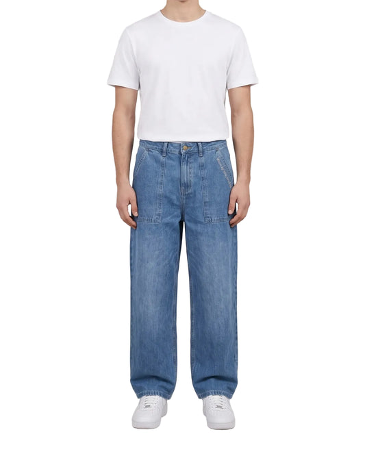 Men's blue wide-leg jeans with front patch pockets and fixed waist by TREE   
