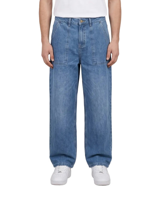 Men's Blue Wide-Leg Jeans with Front Patch Pockets