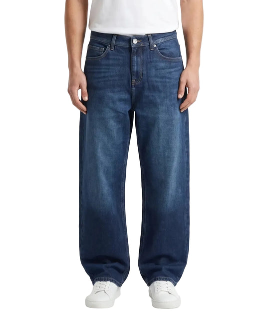 Men's dark blue baggy fit jeans with fixed waist and button closure by TREE   