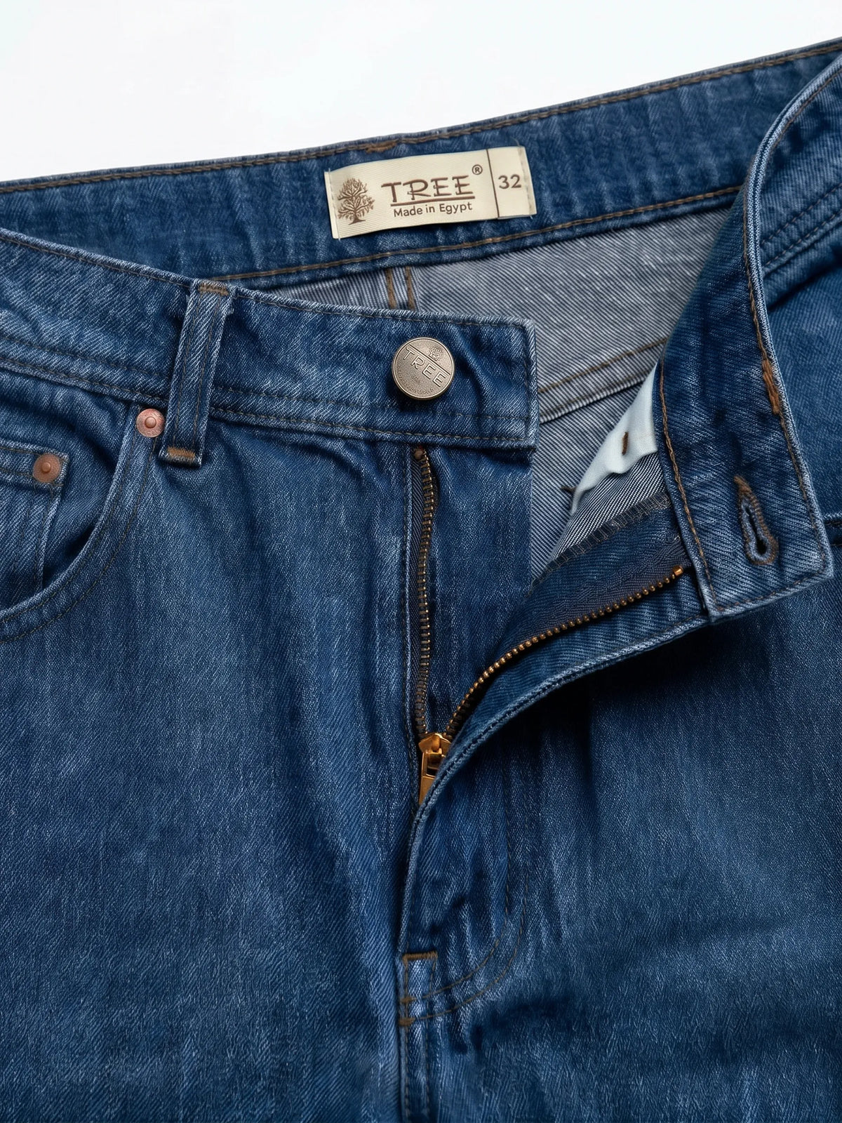 Men's dark blue baggy fit jeans with fixed waist and button closure by TREE   