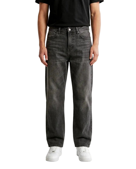 Men's grey wide-leg jeans with fixed waist and button closure by TREE   