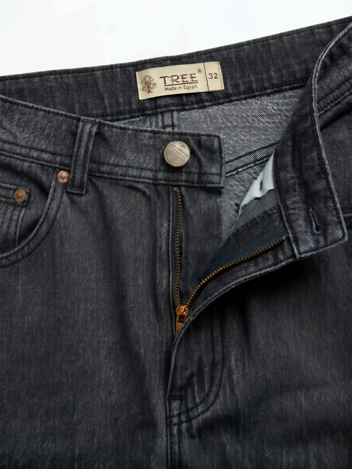 Men's grey baggy fit jeans with fixed waist and button closure by TREE   