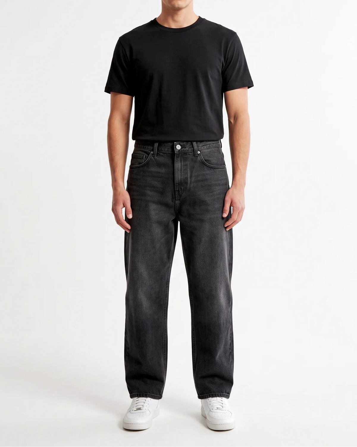 Men's grey baggy fit jeans with fixed waist and button closure by TREE   