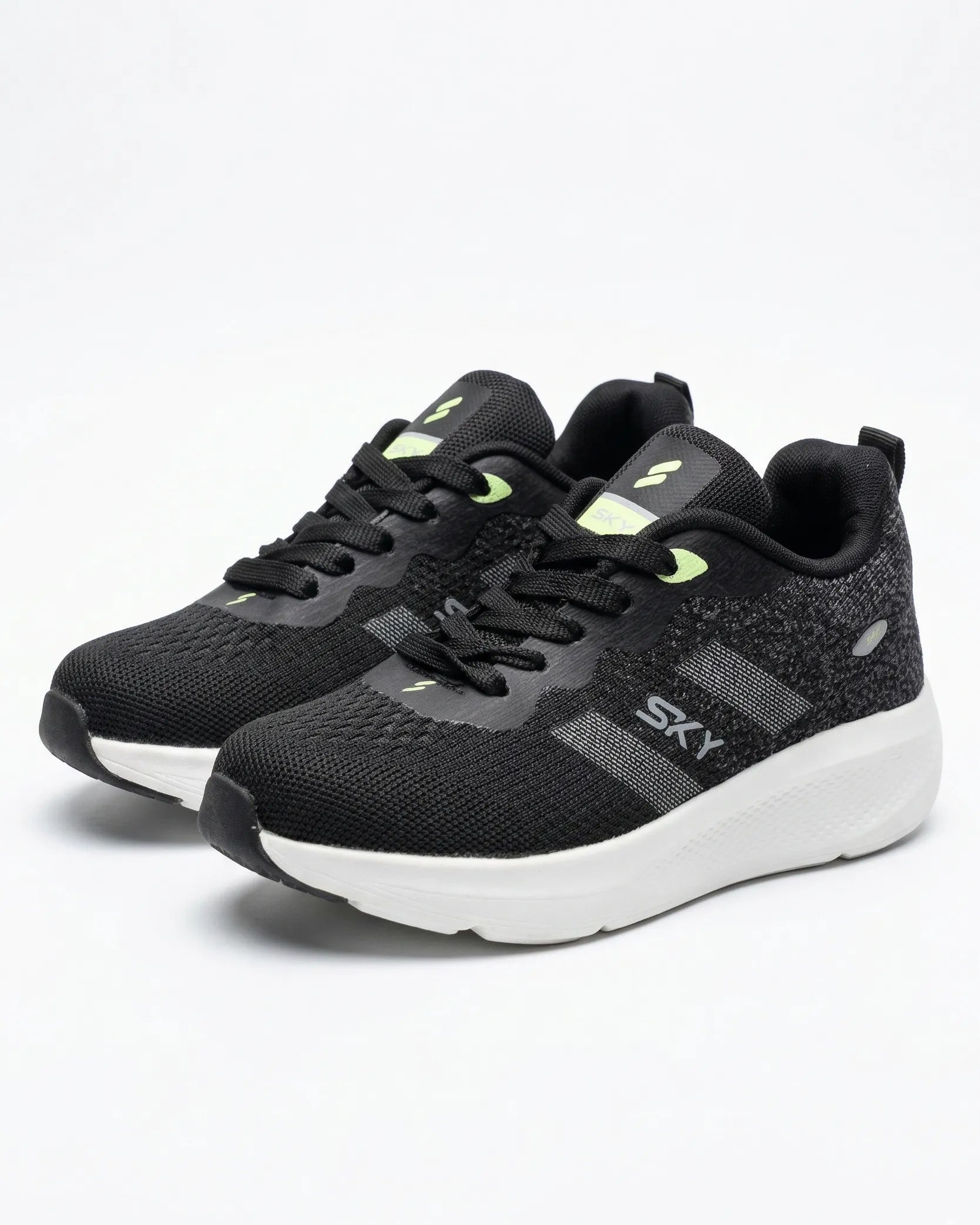 Front view of a kids' black fashion sneaker featuring a chunky sole, SKY branding, and pull tab by TREE.