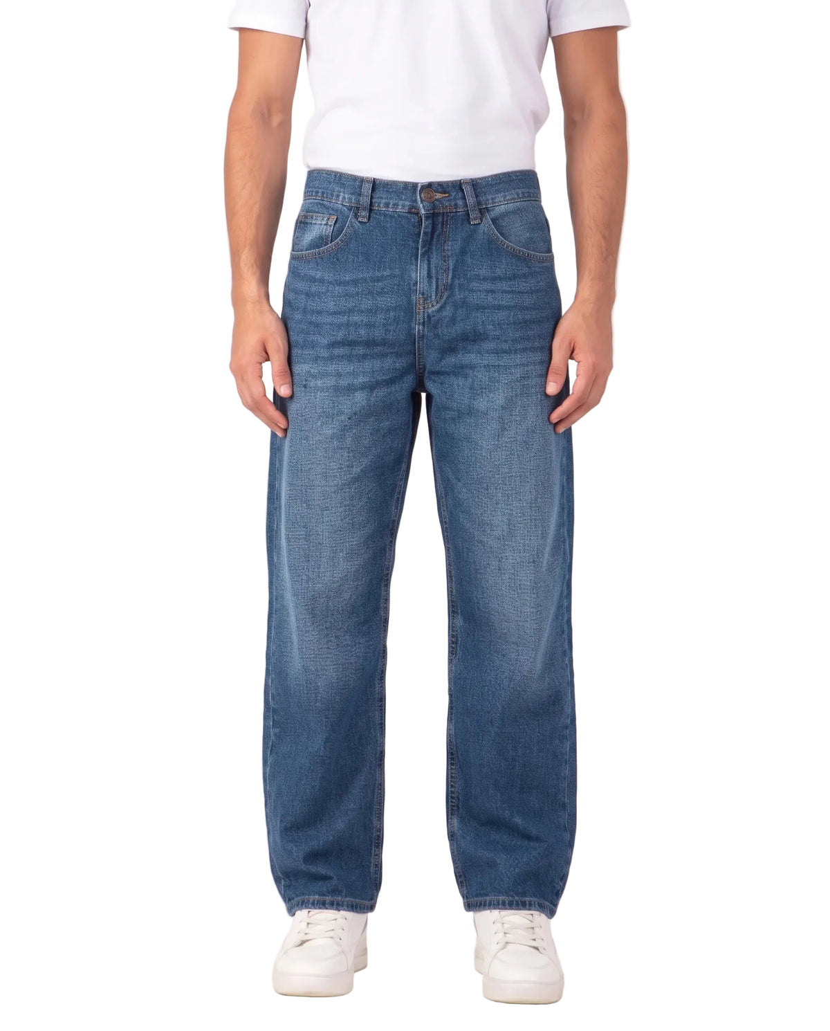 Men's blue baggy jeans with fixed waist and button closure by TREE   