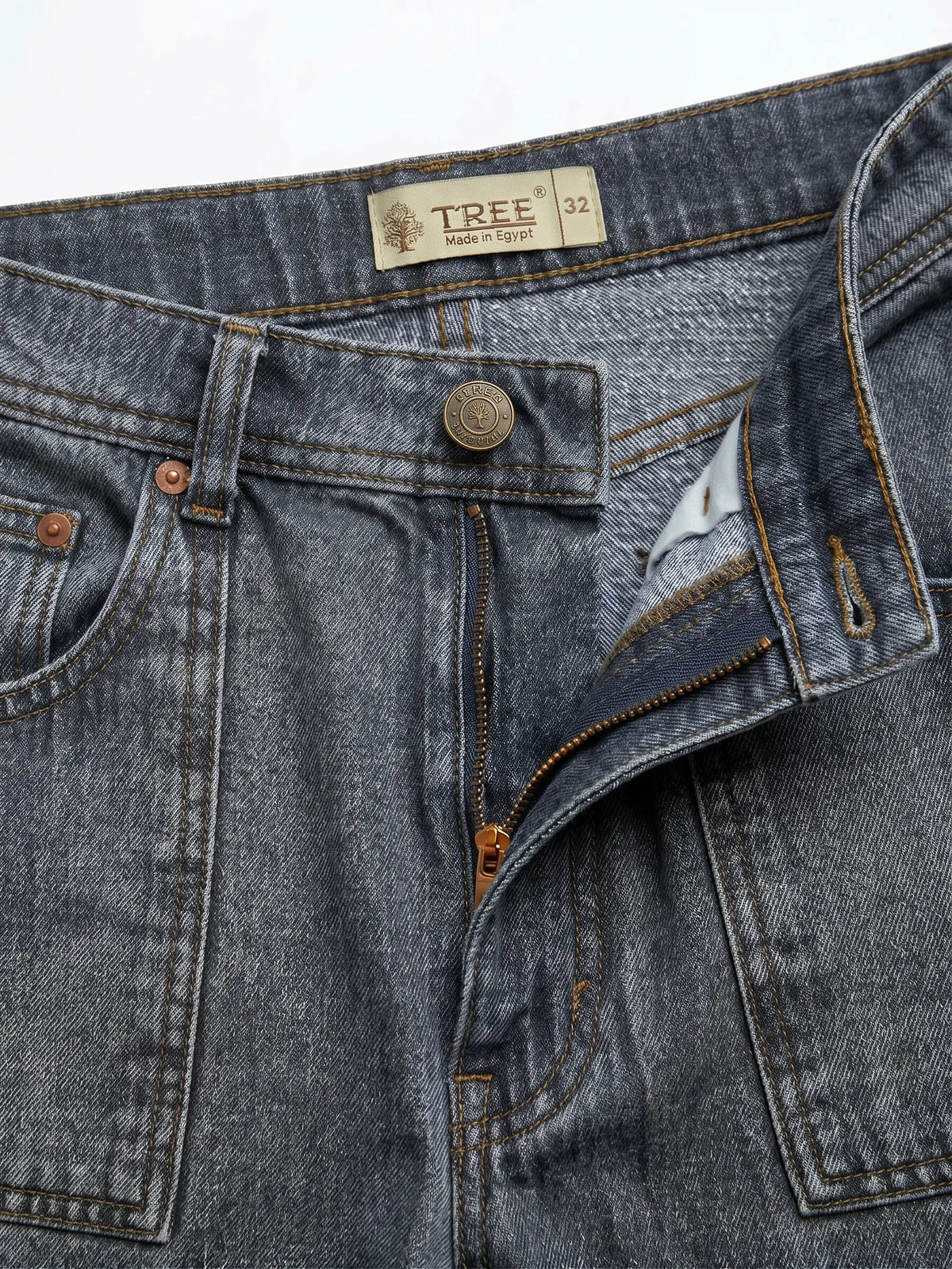 Men's grey wide-leg jeans with front patch pockets and fixed waist by TREE   