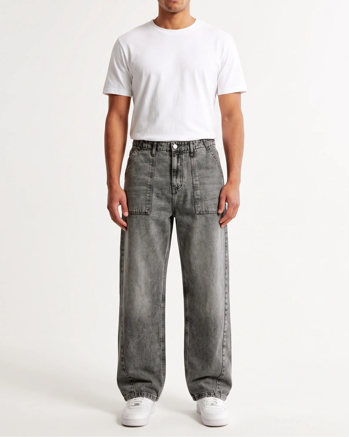 Men's grey wide-leg jeans with front patch pockets and fixed waist by TREE   