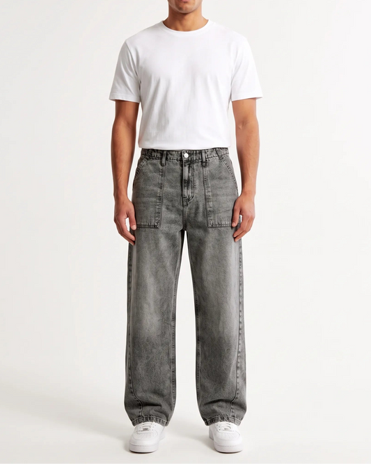 Men's grey wide-leg jeans with front patch pockets and fixed waist by TREE   