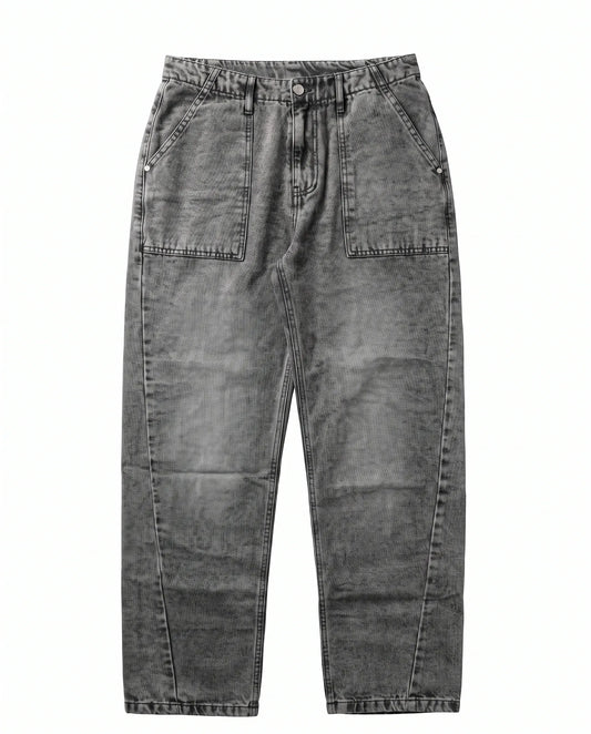 Men's grey wide-leg jeans with front patch pockets and fixed waist by TREE   