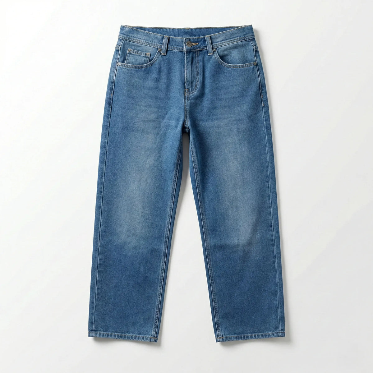 Men's blue wide-leg jeans with fixed waist and button closure by TREE   
