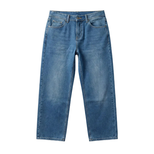 Men's blue wide-leg jeans with fixed waist and button closure by TREE   