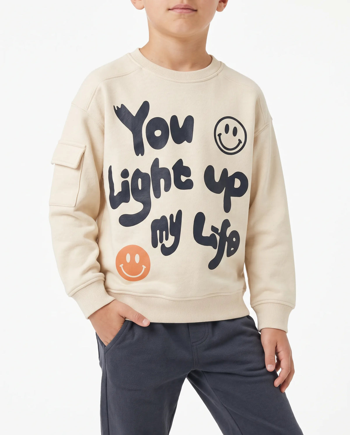 Boys' beige graphic sweatshirt with sleeve pocket by TREE   