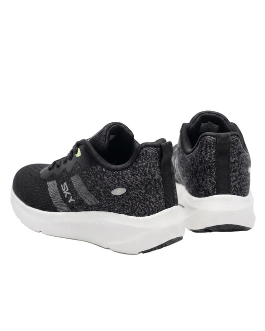 Front view of a kids' black fashion sneaker featuring a chunky sole, SKY branding, and pull tab by TREE.