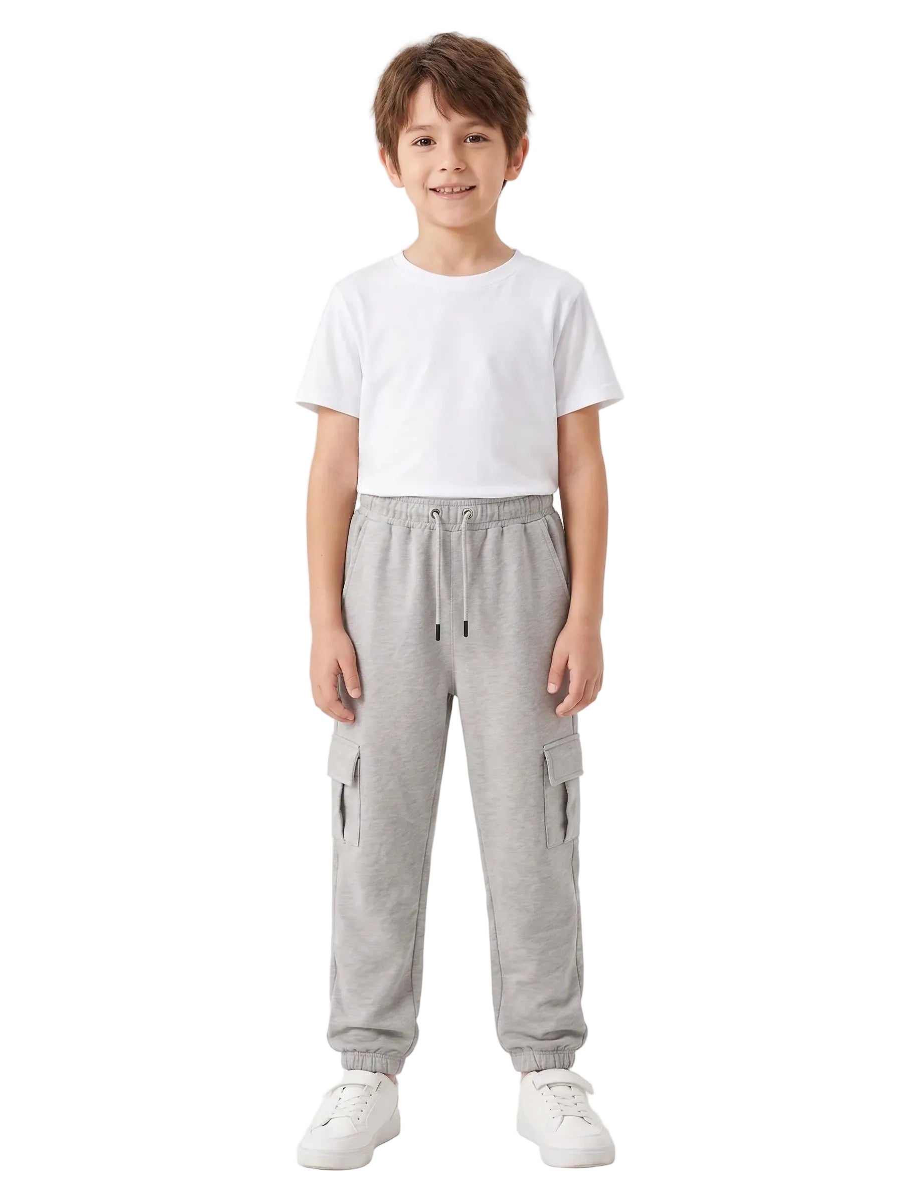 Multiple views of a boy wearing grey summer milton cargo sweatpants with side pockets and a drawstring waist by TREE.