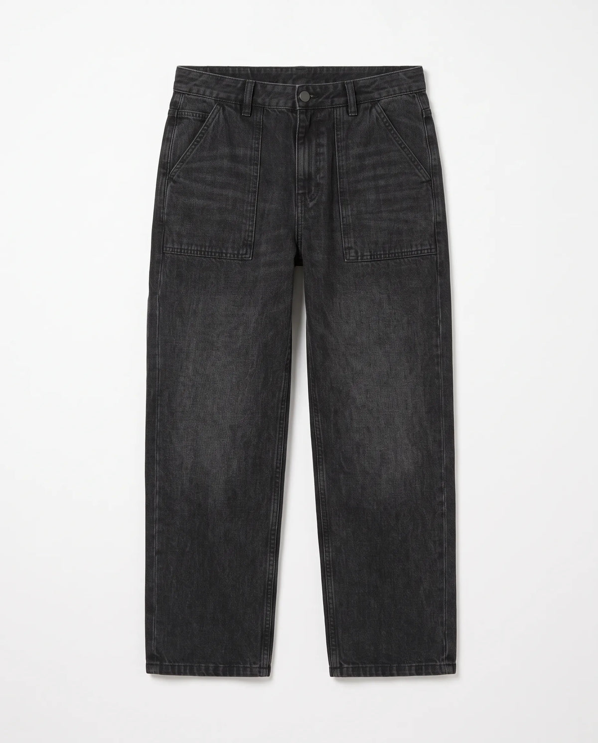 Men's black wide-leg jeans with front patch pockets and fixed waist by TREE   