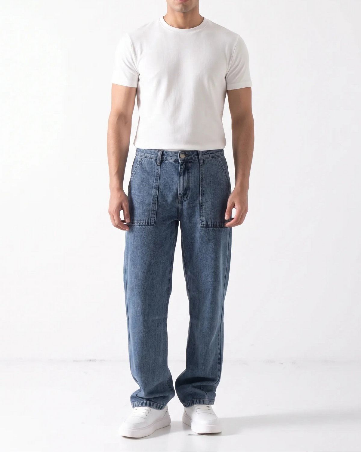 Men's light blue wide-leg jeans with front patch pockets and fixed waist by TREE   