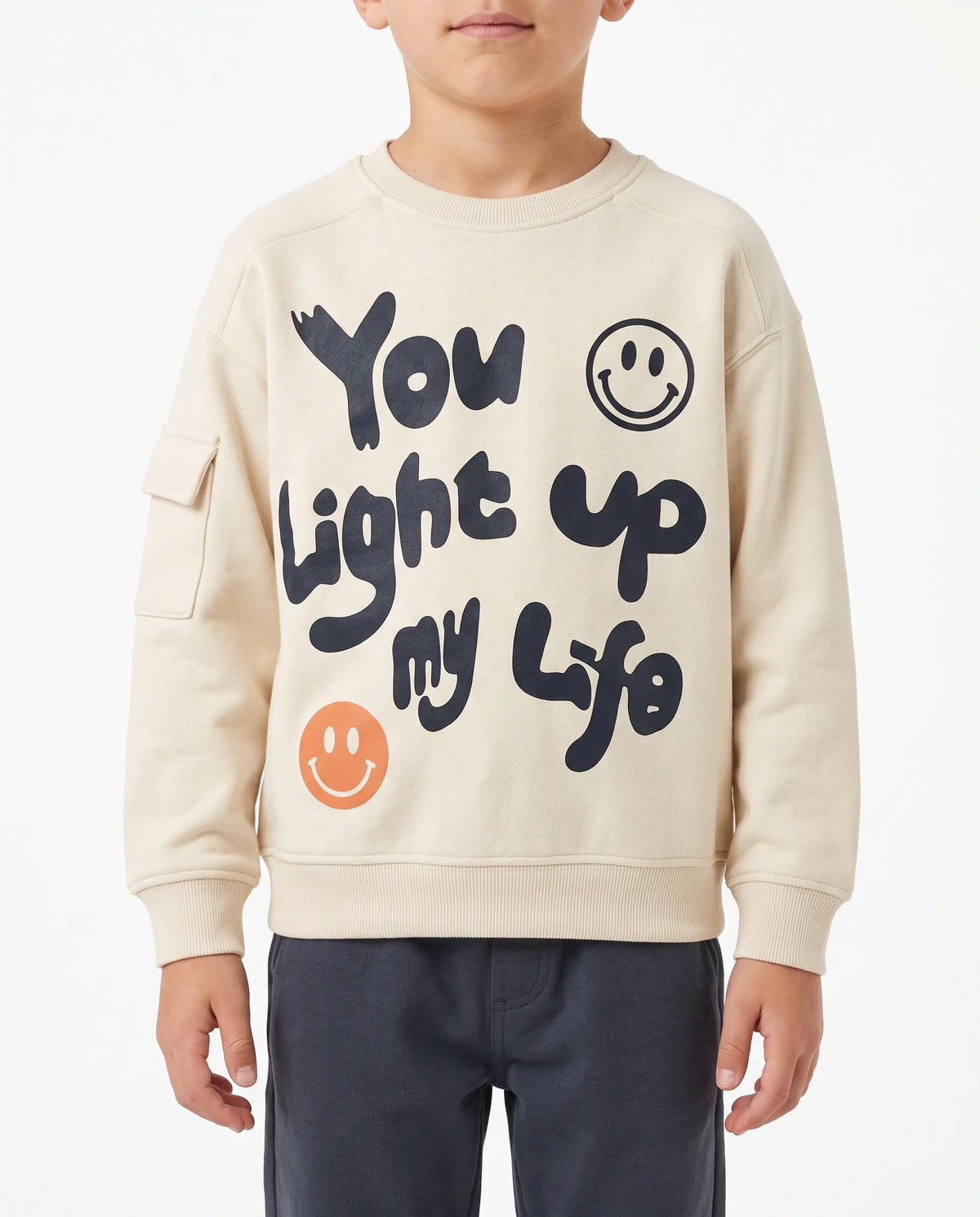 Boys' beige graphic sweatshirt with sleeve pocket by TREE   
