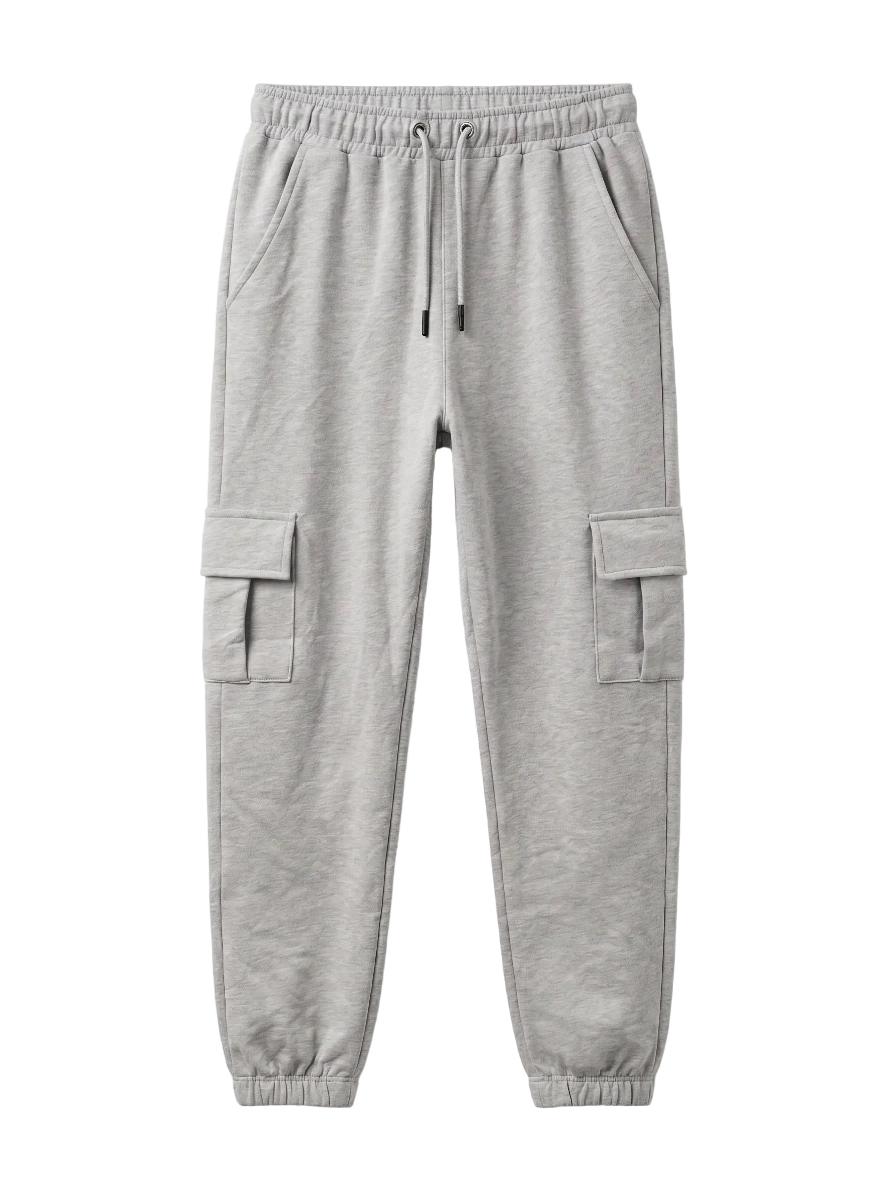 Multiple views of a boy wearing grey summer milton cargo sweatpants with side pockets and a drawstring waist by TREE.
