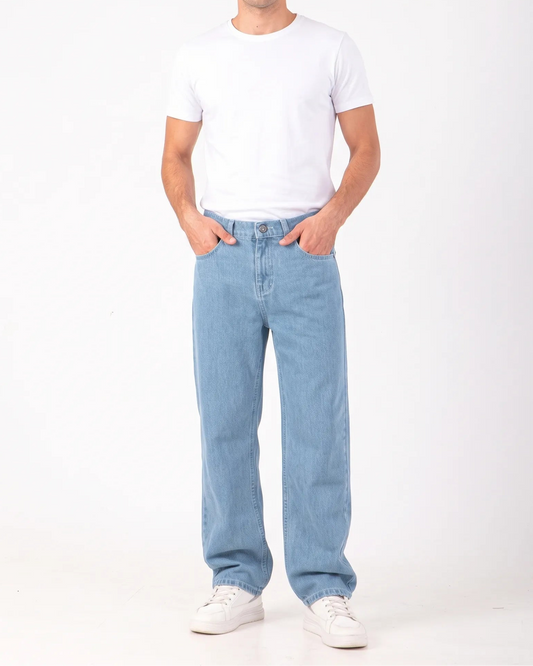 Men's light blue fashion wide-leg jeans with fixed waist and button closure by TREE   