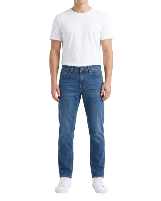 Men's blue straight fit jeans with fixed waist and button closure by TREE   