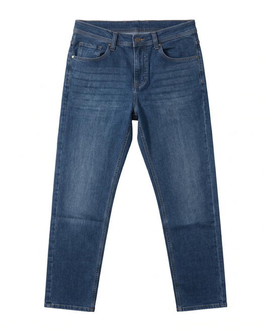 Men's blue straight fit jeans with fixed waist and button closure by TREE   