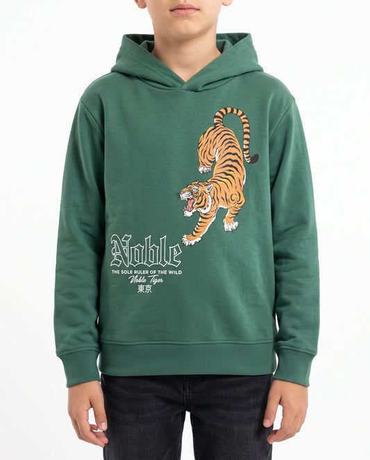 Boys' olive green printed hoodie with tiger graphic by TREE   