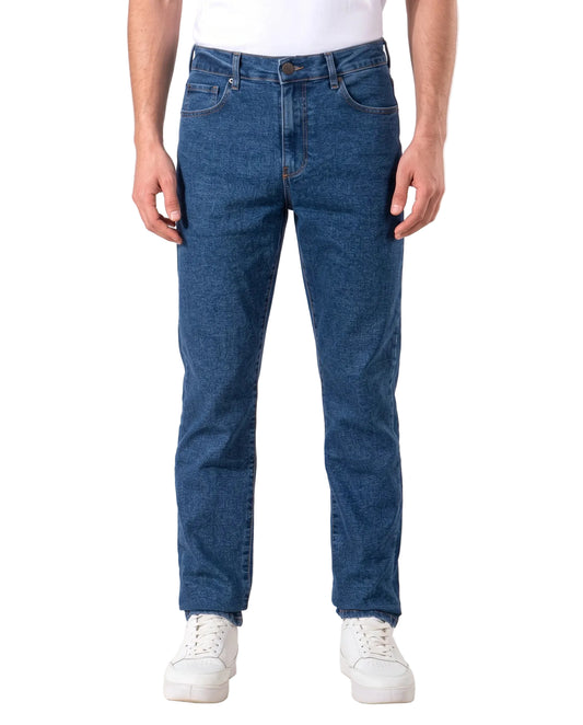 Men's blue straight fit jeans showcasing back pockets and fixed waistband by TREE