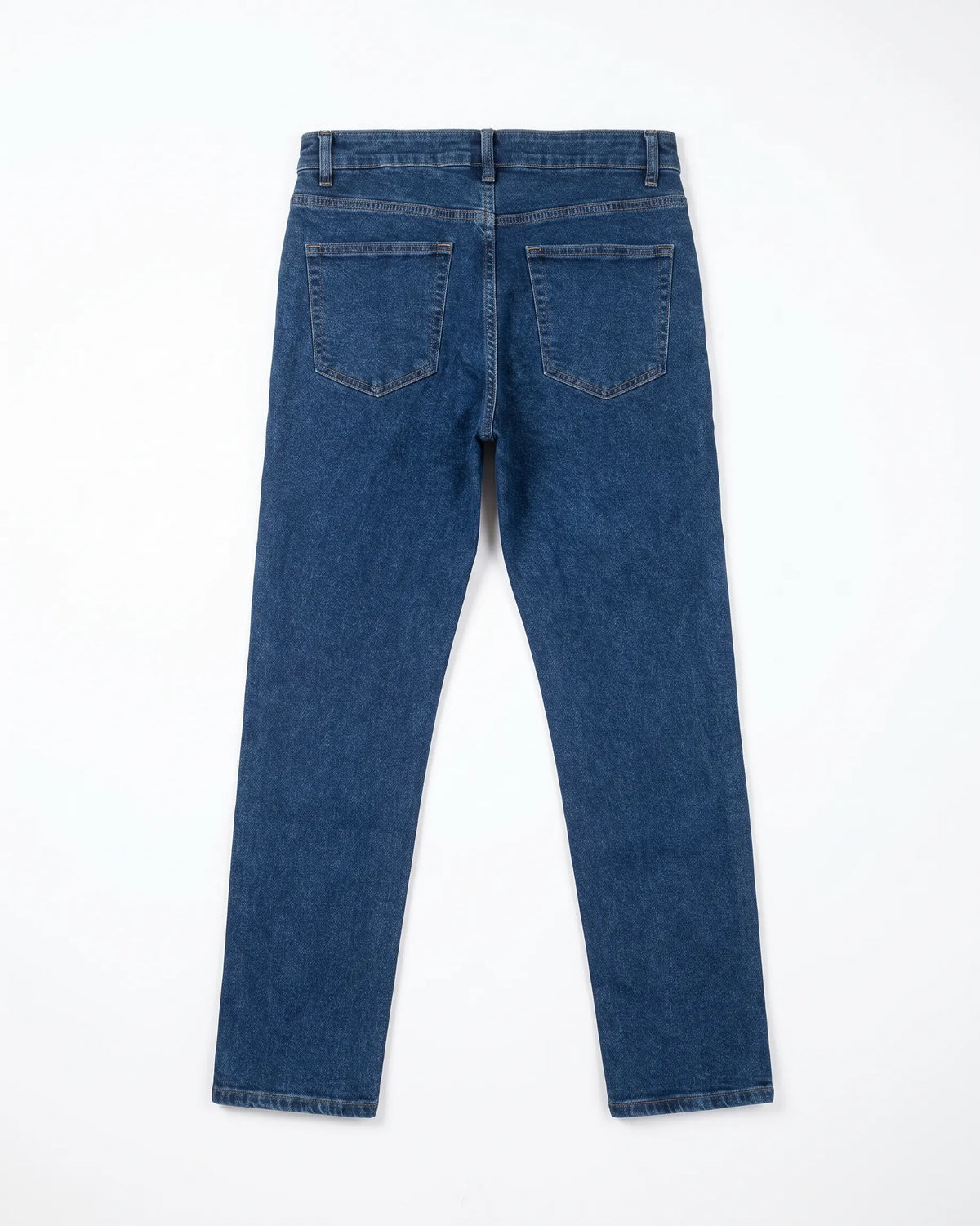 Men's blue straight fit jeans showcasing back pockets and fixed waistband by TREE