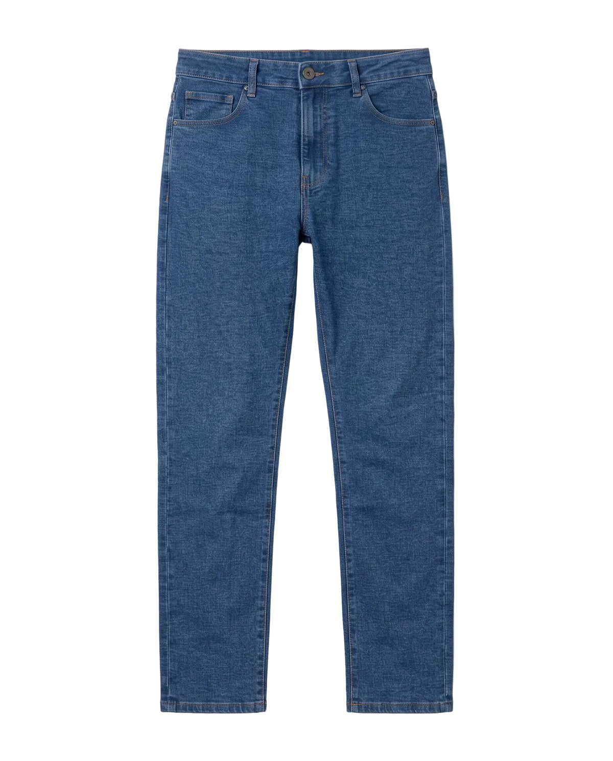 Men's blue straight fit jeans showcasing back pockets and fixed waistband by TREE