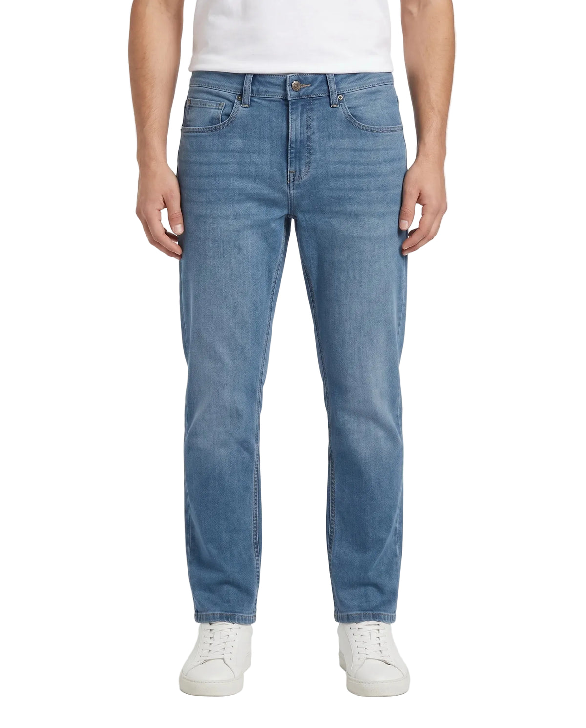 Men's light blue straight fit jeans with fixed waist and button closure by TREE