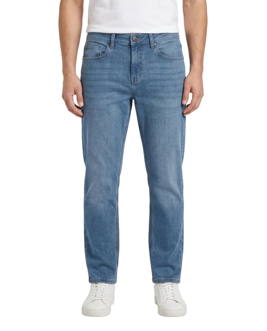 Men's light blue straight fit jeans with fixed waist and button closure by TREE