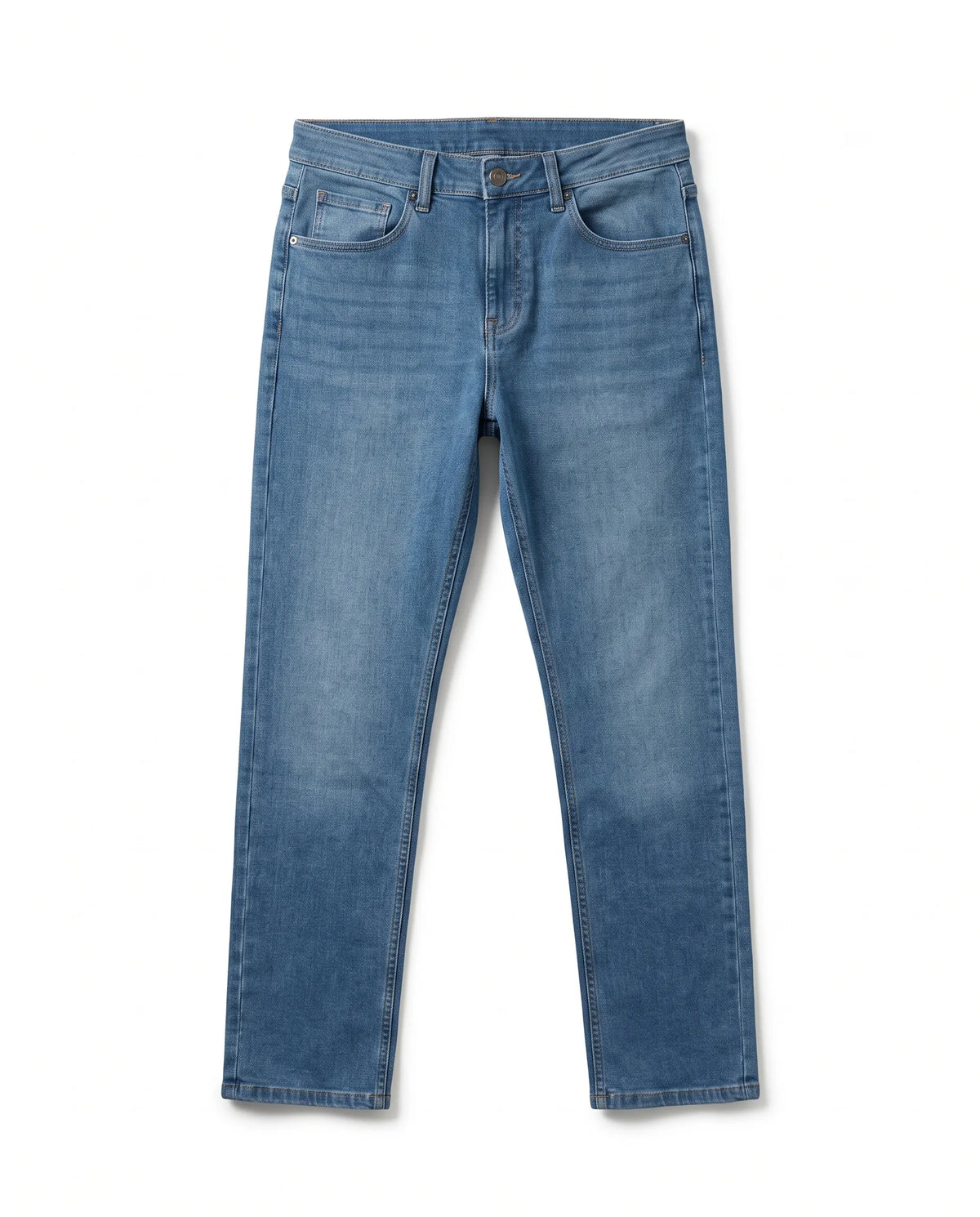 Men's light blue straight fit jeans with fixed waist and button closure by TREE
