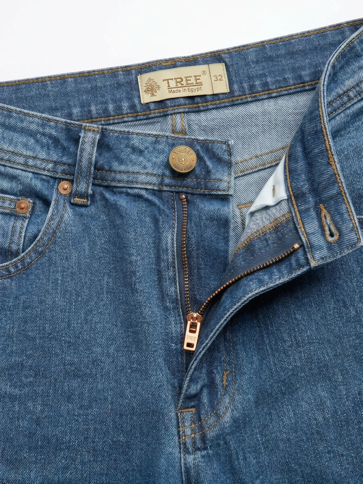 Men's light blue straight fit jeans with fixed waist and button closure by TREE