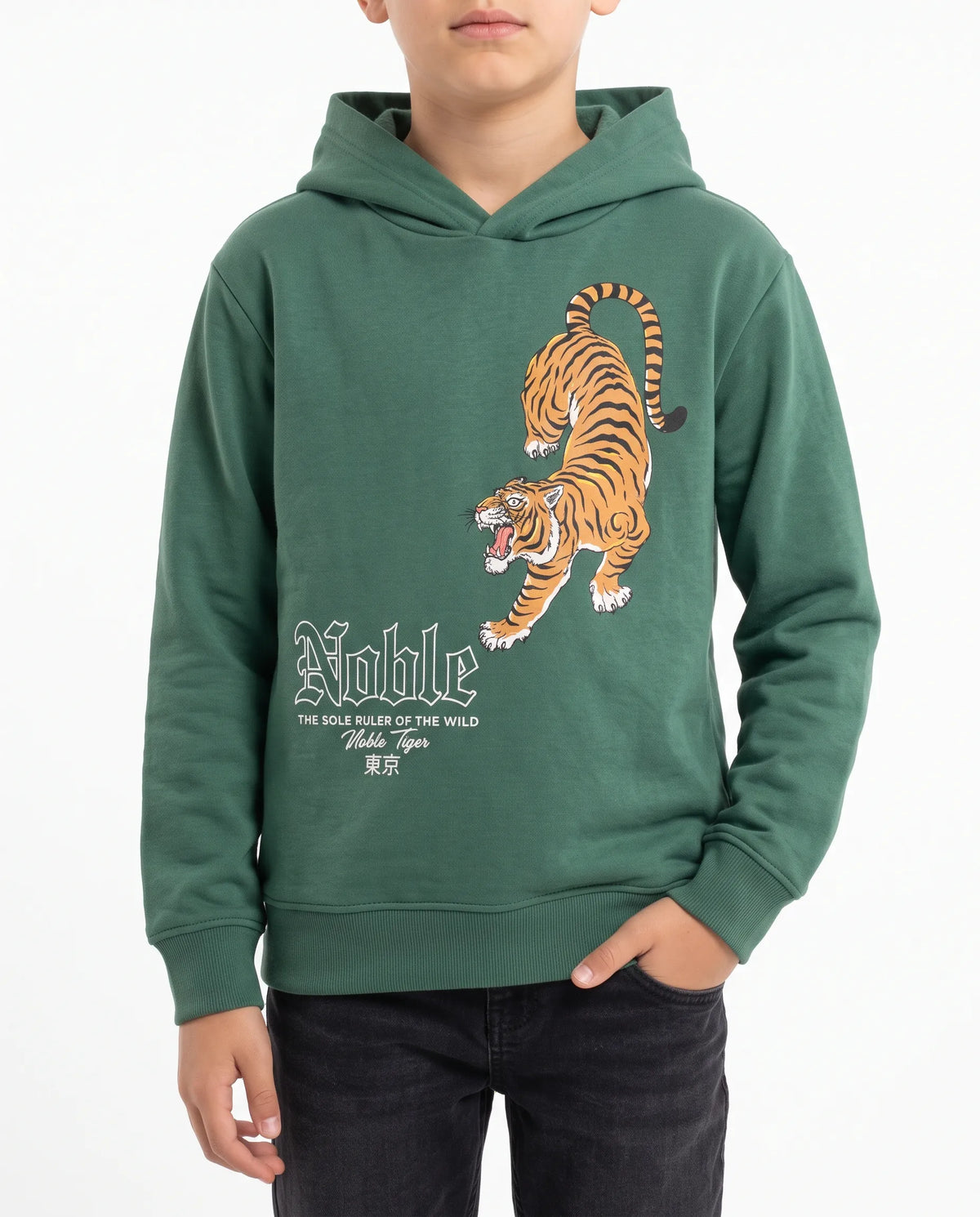 Boys' olive green printed hoodie with tiger graphic by TREE   