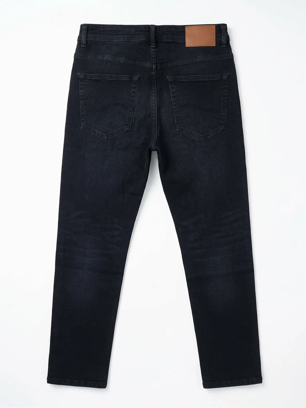 Men's black straight fit jeans with fixed waist and button closure by TREE
