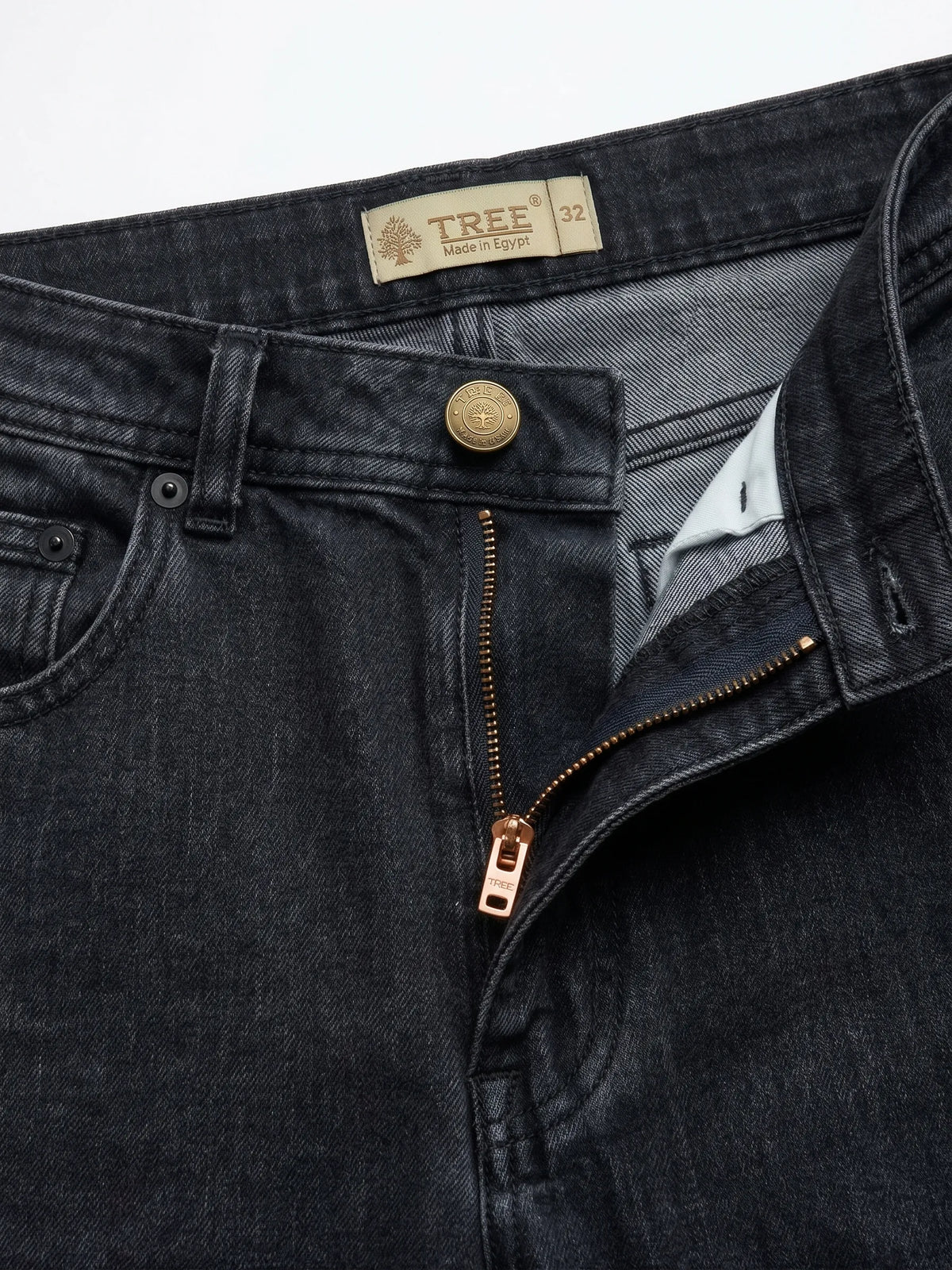 Men's dark black straight fit jeans with fixed waist and button closure by TREE