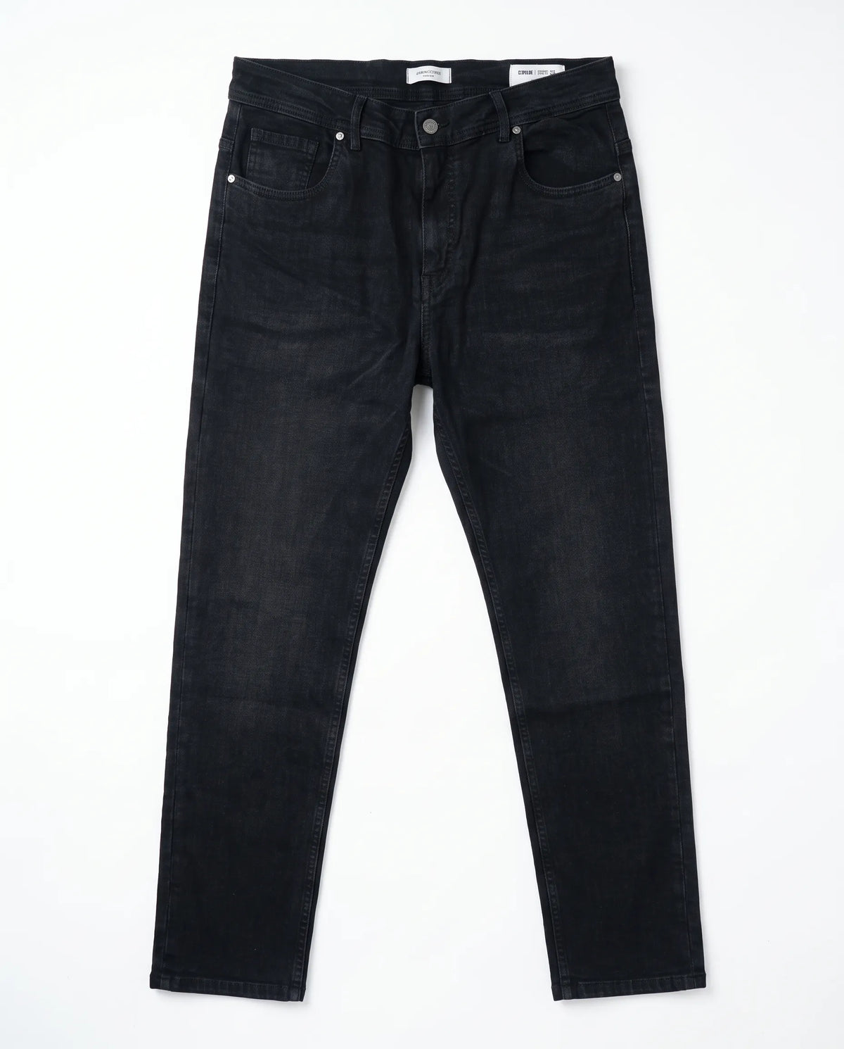 Men's black straight fit jeans with fixed waist and button closure by TREE