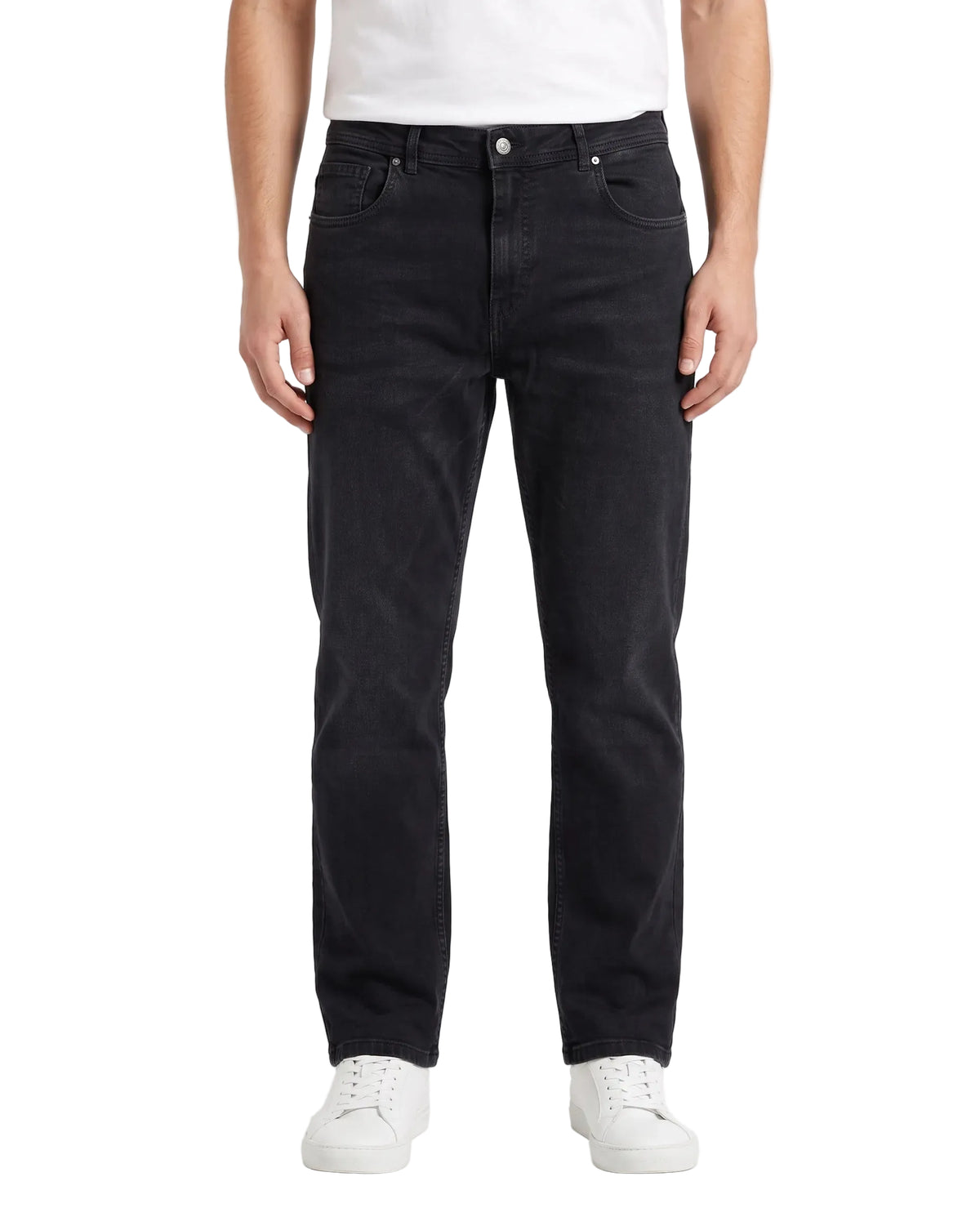 Men's dark black straight fit jeans with fixed waist and button closure by TREE