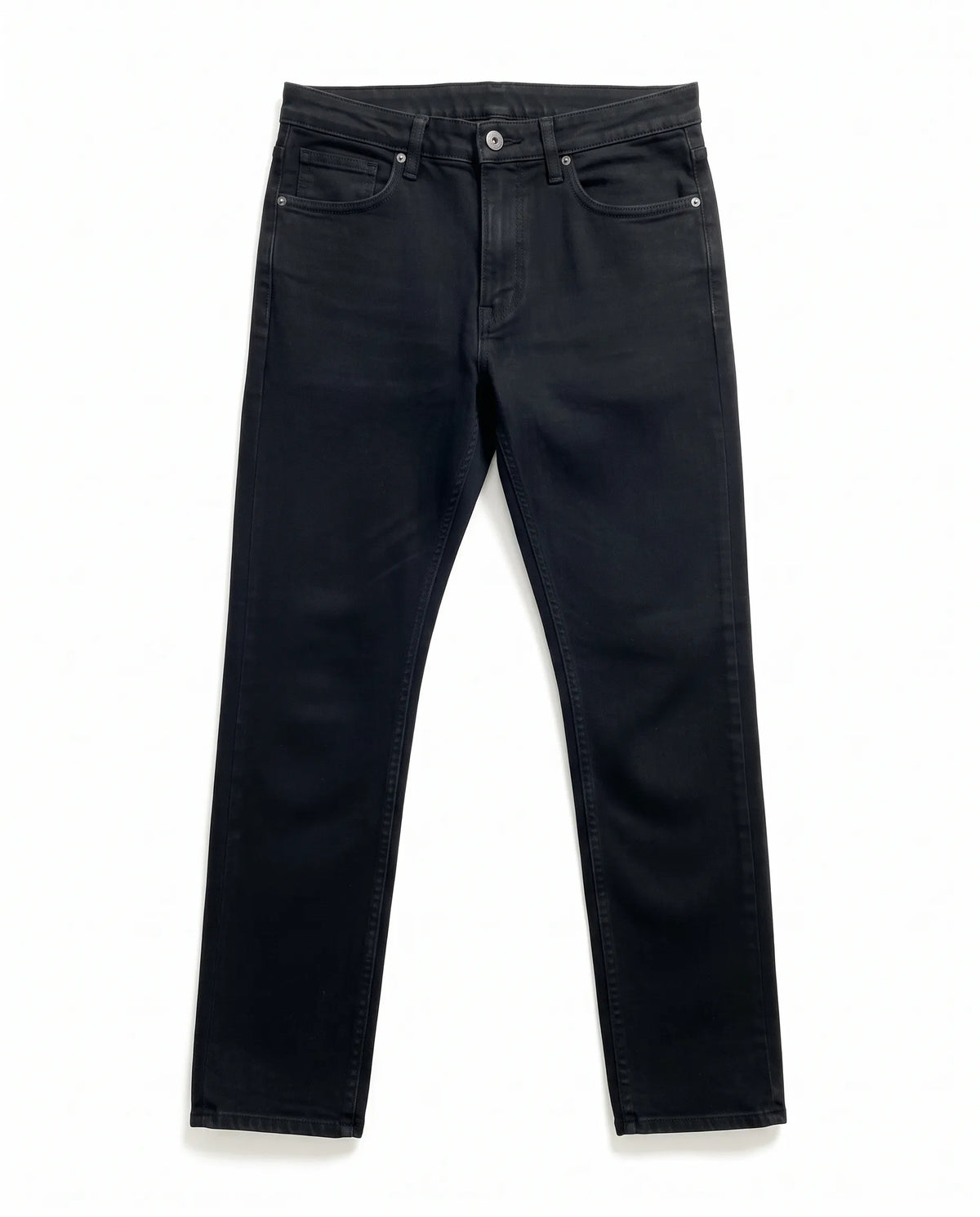 Men's dark black straight fit jeans with fixed waist and button closure by TREE