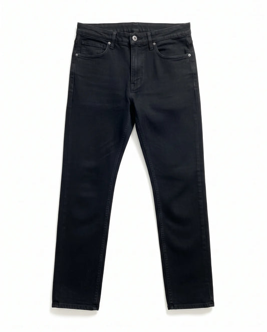 Men's dark black straight fit jeans with fixed waist and button closure by TREE