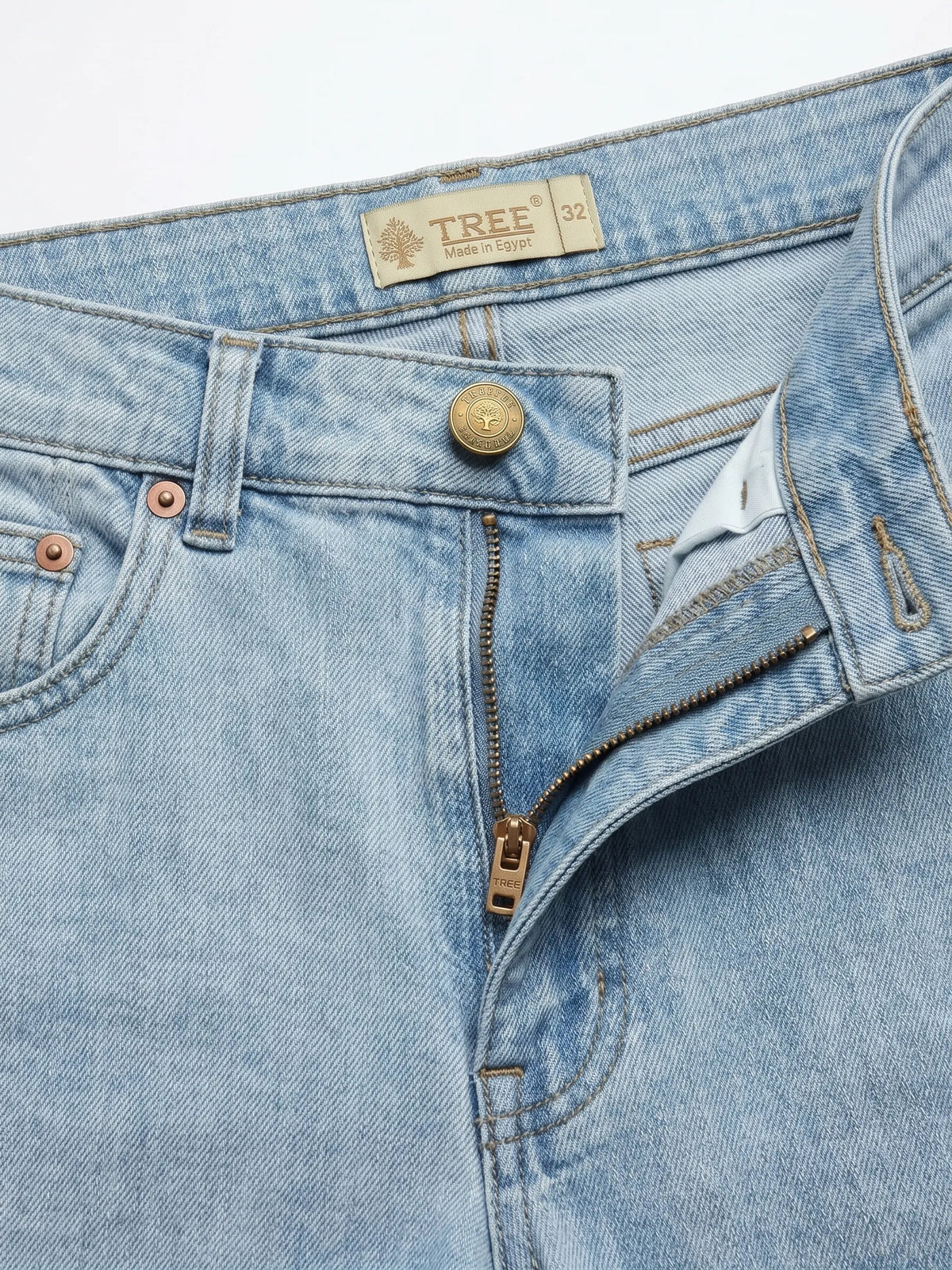 Men's light blue straight fit jeans with fixed waist and button closure by TREE