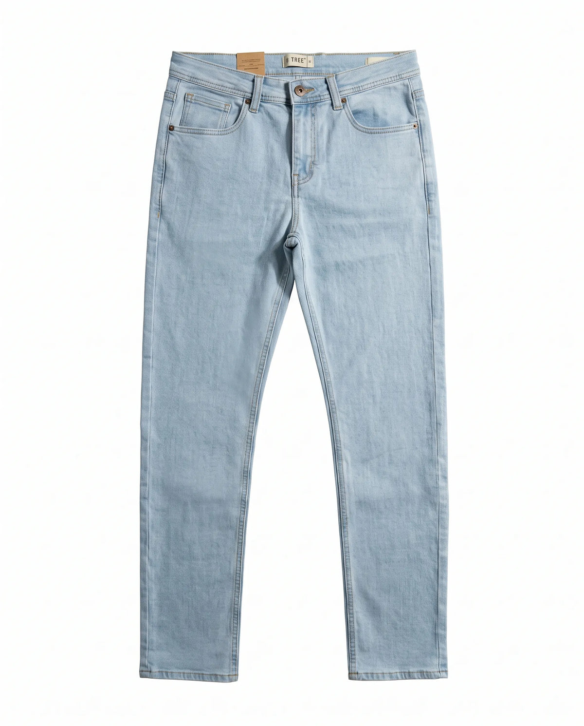 Men's light blue straight fit jeans with fixed waist and button closure by TREE