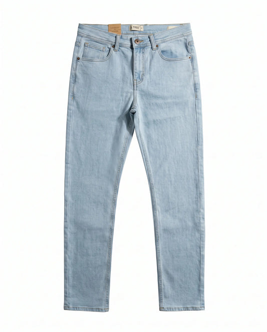 Men's light blue straight fit jeans with fixed waist and button closure by TREE