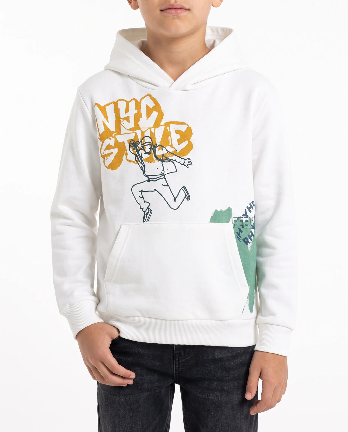 Boys' off-white printed hoodie with graphic art and front pocket by TREE   