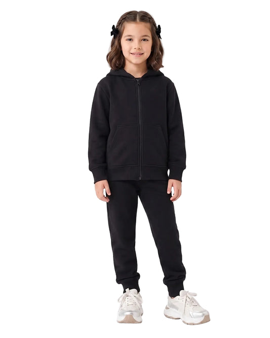 Multiple views of a girl wearing black milton winter sweatpants paired with a matching zip hoodie by TREE.